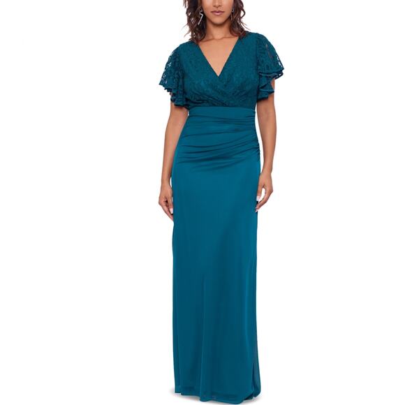 Betsy & Adam Lace and Chiffon Evening Gown Green Size 4 Short Flutter Sleeves - Picture 11 of 13